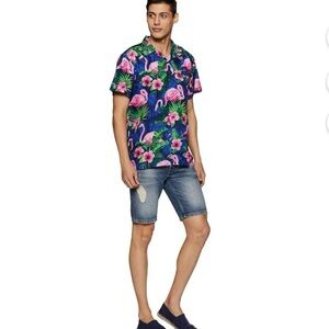 Men's Hawaiian Tropical XL Flamingo Print Shirt Blue and Ping